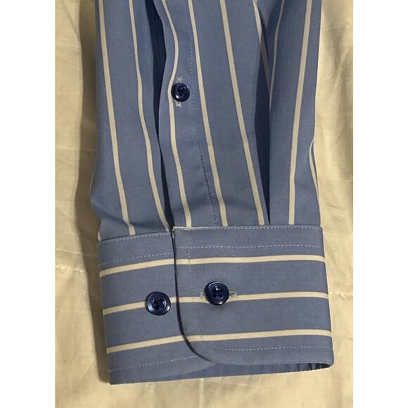Proper Sport Men’s 4 Way Stretch Slim Fit Medium Blue/White Striped Dress Shirt - Picture 5 of 8